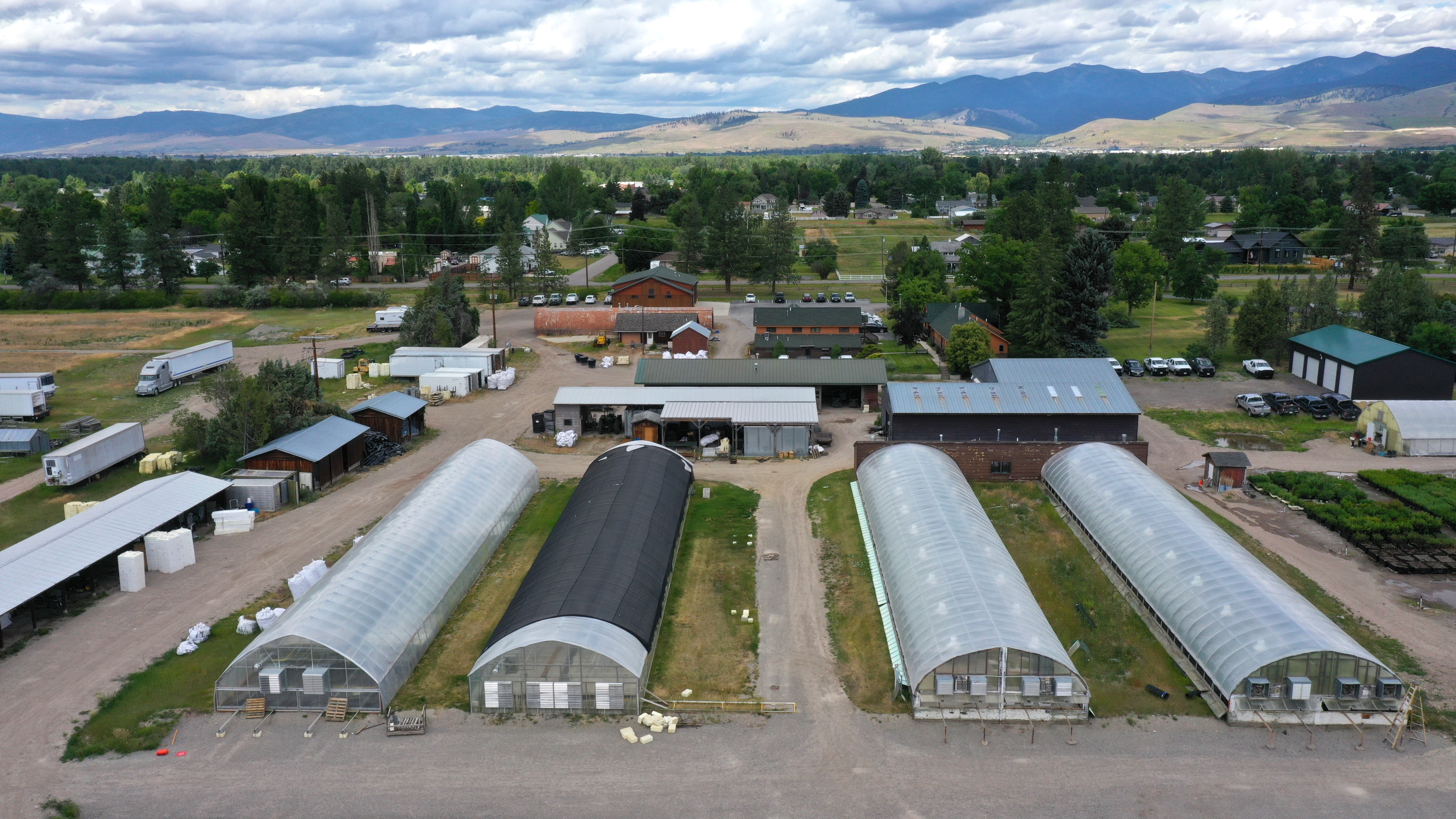Aerial view of nursery greenhouses and grounds