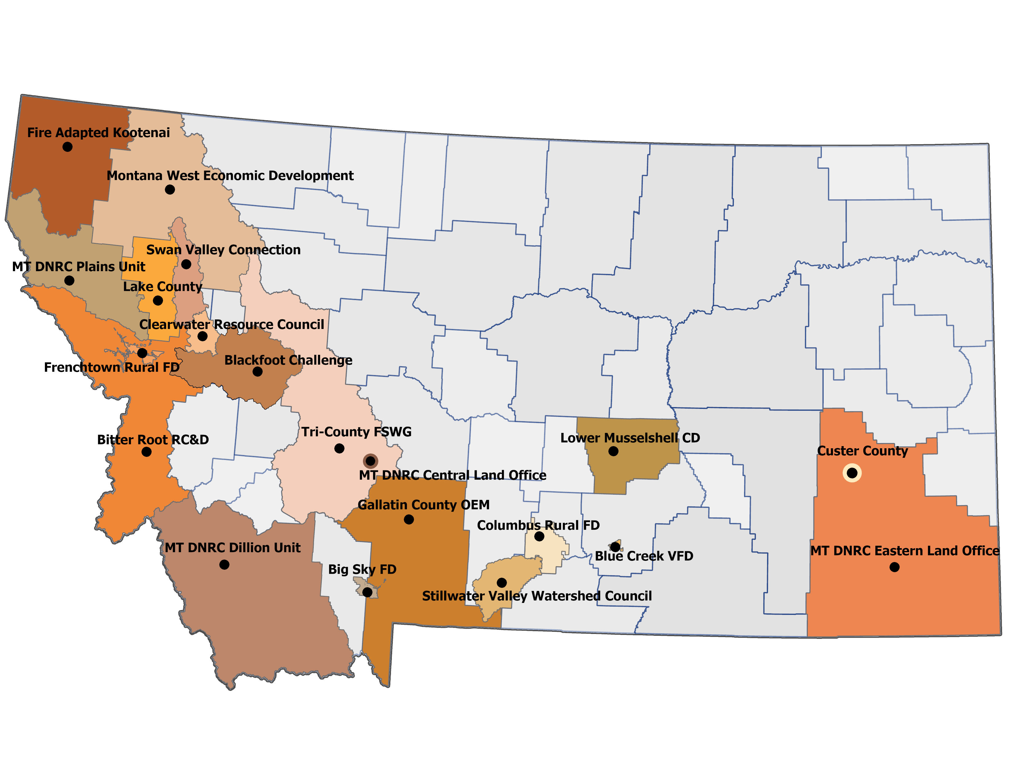 This map depicts the locations of the current Montana DNRC Stewardship partners. Big Sky Fire Department, Bitter Root RC&D, Blackfoot Challenge, Blue Creek Volunteer Fire Department, Clearwater Resource Council, Columbus Rural Fire Department, Fire Adapted Kootenai, Frenchtown Rural Fire District, Gallatin County OEM, Lake County, Lower Musselshell Conservation District, Montana West Economic Development, MT DNRC Eastern Land Office, MT DNRC Dillion Unit, MT DNRC Plains Unit, Tri-County FSWG, Stillwater Valley Watershed Council, and Swan Valley Connections.