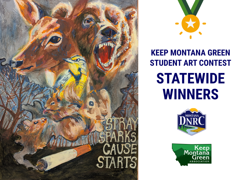 Painting of Montana wildlife titled 'Stray Sparks Cause Starts'
