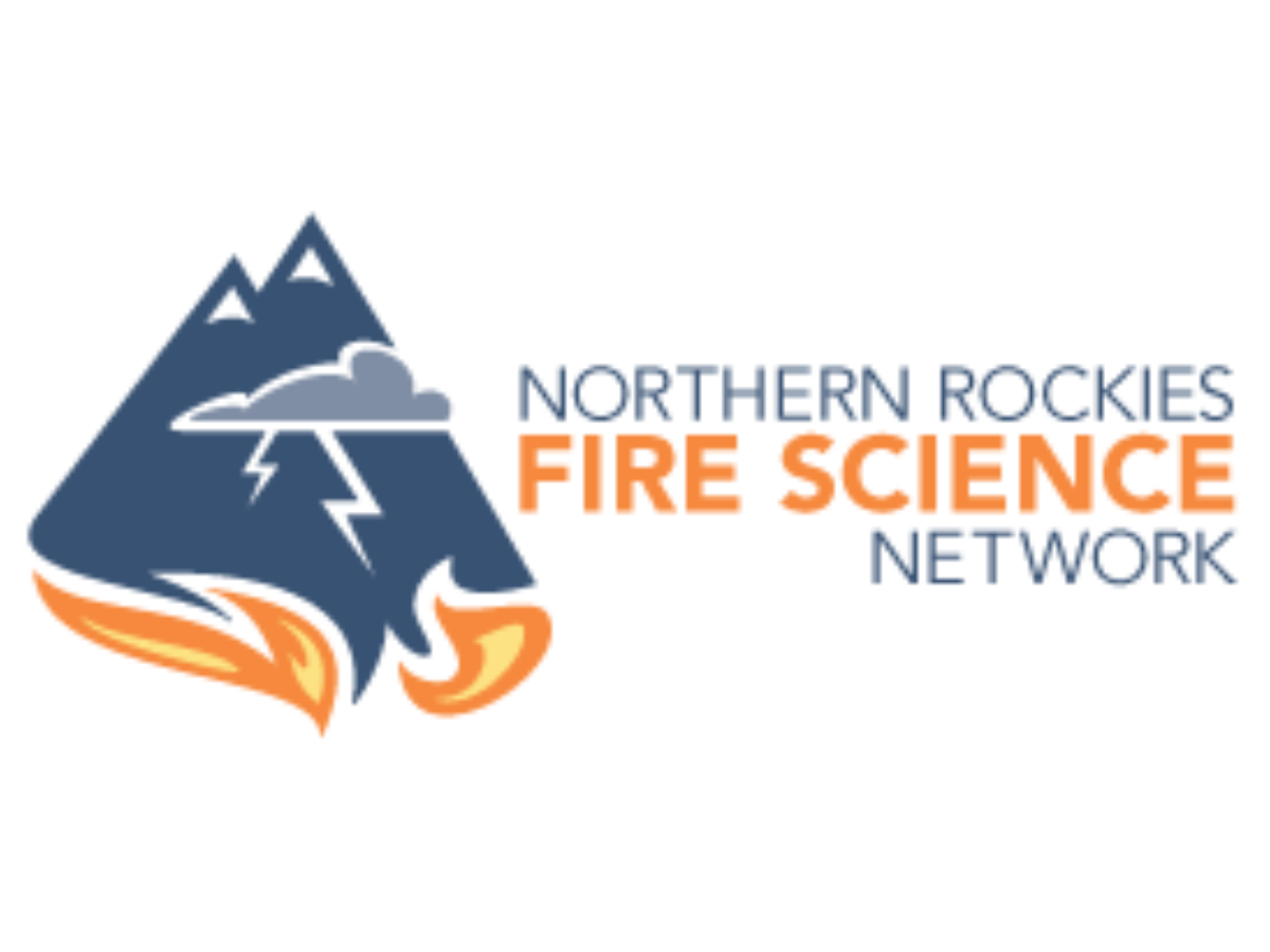 northern Rockies fire science network logo with illustration of dark blue mountains, thunder, and fire