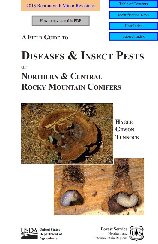 Front cover of Field Guide to Diseases & Insect Pests of Northern and Central Rocky Mountain Conifer with picture of larva and fungi 