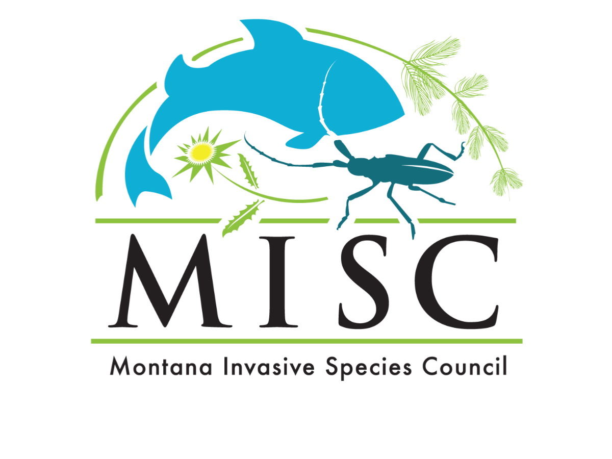 Montana invasive species council logo with fish, beetle, and plants