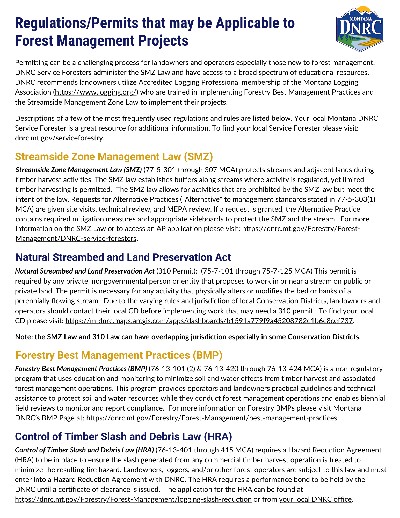 Front page of regulations/permits for forest management projects document