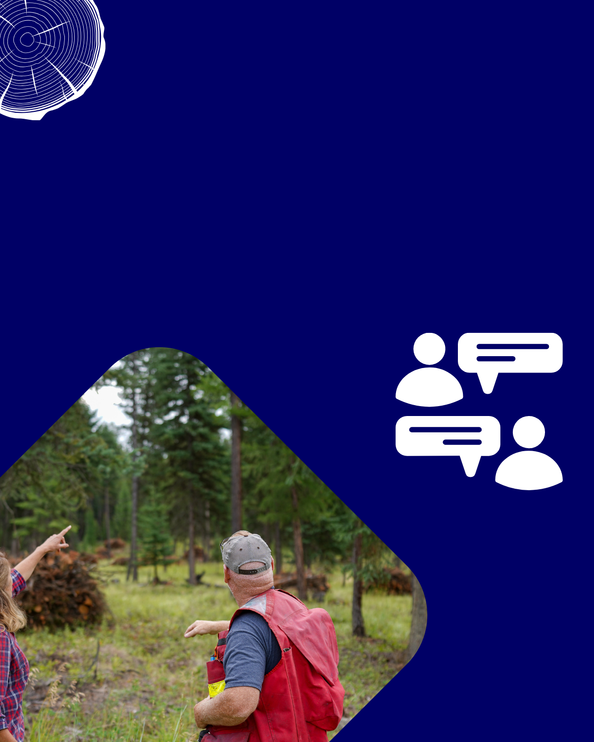 Assistance guide mobile tab with image of forester assisting private landowner in the forest and illustration of two people having conversation