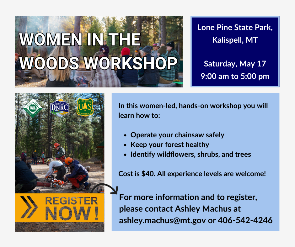 Please join us invitation for Women in the Woods with pictures of women chainsawing and connecting over a fire from past events